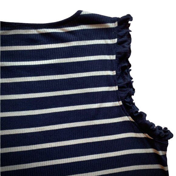 PEIONE -Navy Blue with white stripes tank Top - Sleeveless ruffle - Large - Picture 4 of 8
